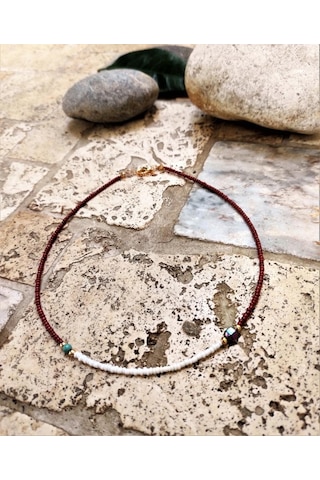 GOLD KAPLAMA TURKUAZ VE HEMATİT TAŞI KAHVERENGİ BONCUK KOLYE-KOL127 Çok Renkli