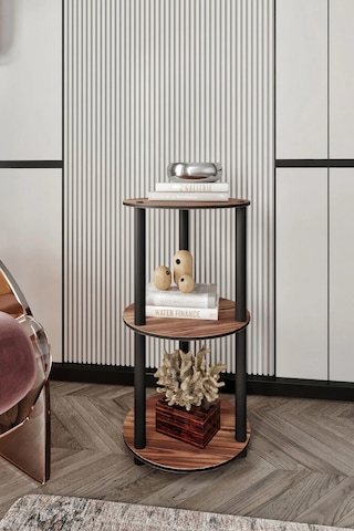 3 Katlı Dekoratif Yuvarlak Kitaplık Ceviz Ceviz