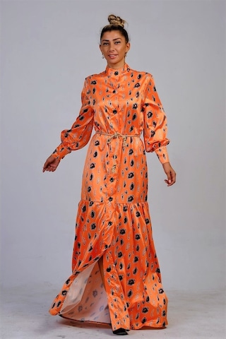 Kadın Turuncu Hakim Yaka Desenli Etekleri Volanlı Saten Uzun Elbi