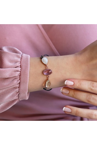 Doğaltaşlı Oksitli Rose Gümüş Kelepçe Gümüş