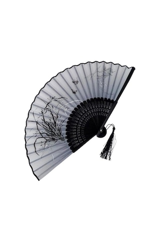 Beluga Yelpaze Bambu Kumaş Serinletici Vintage Siyah Şık Dekorasyon Püsküllü Japon Yelpaze 0181