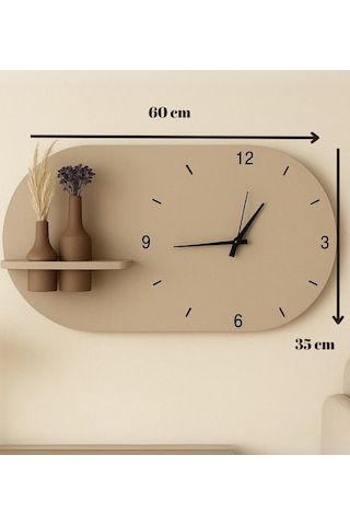 Modern Tasarım Raflı Nera Duvar Saati 60x35 Bej