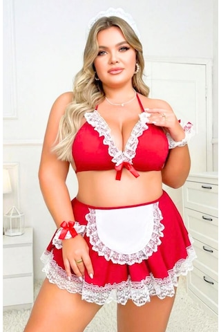 Tegangold Büyük Beden Fantezi Kırmızı Dantelli Hizmetçi Kostümü Mh9246-b Kırmızı