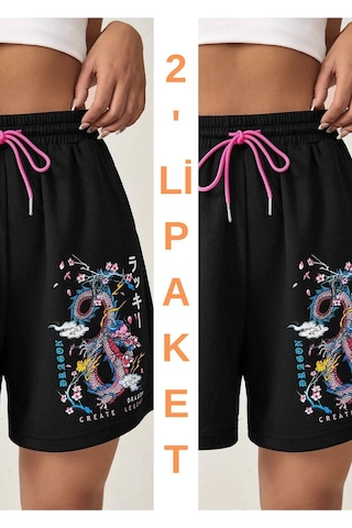 2'li Paket Siyah Kısa Renkli Dragon Şort - Penye Baskılı Kordonlu Siyah 2