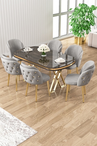 Canisa Zae Serisi 90x168 Lak Panel Antrasit Ironi Gold Ayak Masa Takımı 6 Gri Sandalye Masa Antrasit İroni Sandalye Gri