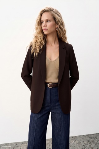 Sateen Klasik Yaka Uzun Ceket - Kahve-137477 Kahverengi