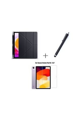 Xiaomi Redmi Pad Se Uyumlu Kalem Bölmeli Standlı Kılıf + Ekran Koruyucu + Kalem 3'lü Set Kılıf