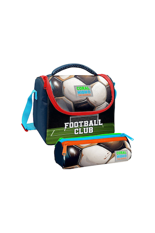 Coral High Erkek Çocuk Lacivert Yeşil Futbol Thermo Beslenme Çantası Ve Üç Bölmeli Kalemlik Seti Çok Renkli