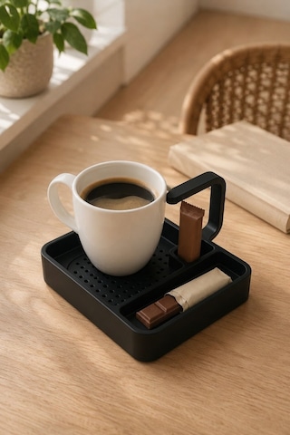 Kahve Sunum Tepsisi Çok Bölmeli Masa Üstü Organizer Kupa Fincan Standı Pla 12.5x11x7 Cm Siyah