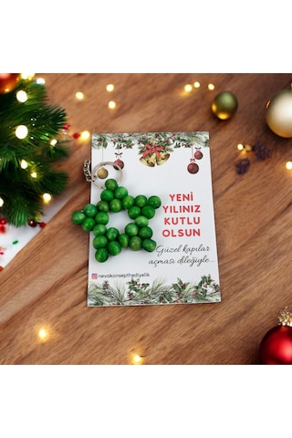 Yılbaşı-yeni Yıl Hediyesi Yeşil Ahşap Boncuk Yıldız Anahtarlık 5 Adet