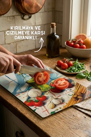 İtalyan Mutfak Desenli Cam Kesim Tahtası - 25x35cm -dayanıklı Ve Pratik Kesim Matı Çok Renkli