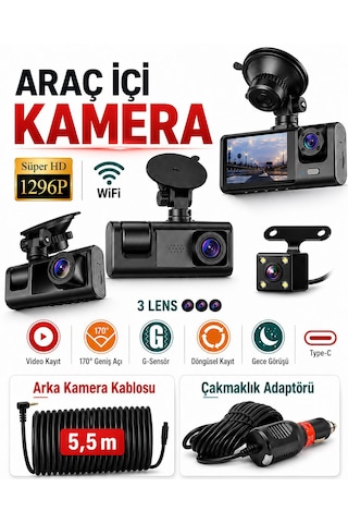 Araç İçi Kamera 1296p 3 Lens Cama Yapışan Model Ekranlı Geri Görüş Kamerası Video Kayıt 170 Derece Geniş Açı G-sensör Döngüsel Kayıt Hafıza Kart Takılabilir Gece Görüş