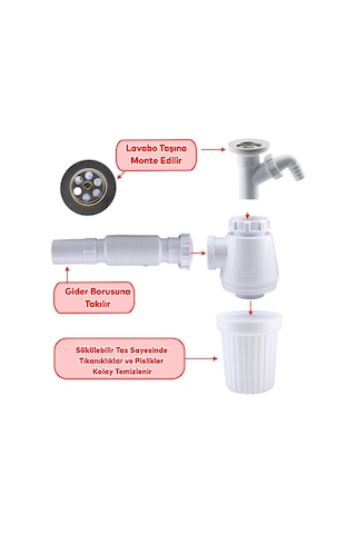 Pis Su Giderli Sökülebilir Tas'lı Çift Gider Sifon Körüklü Temizlenebilir Mutfak Banyo Lavabo Boru