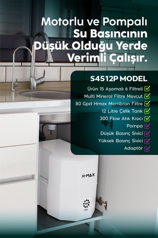12 Litre Pompalı 15 Aşama Su Arıtma Cihazı Hmaxs4512p