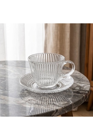 Kristal Çizgi Desen 6 Kişilik Tabaklı Lüks Cam Çay Fincan Takımı - 200 Ml. Şeffaf