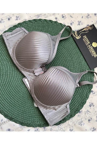 Evelyn Parlak Saten Çizgi Detaylı C Cup Balenli Desteksiz Önü Tül Gri