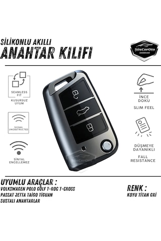 Volkswagen Polo Golf T-roc T-cross Passat Jetta Taigo Tiguan Uyumlu Silikon Anahtar Kılıfı Oto Anahtar Kabı Darbe Emici Anahtarlık Koyu Titan Gri 00 Şüscaroto Aksesuar