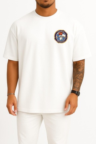 Bahriyeli Collection Oversize Tcg Bafra F505 Savaş Gemisi Cep Ve Sırt Tasarımlı Unisex T-shirt Beyaz