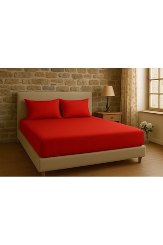 Shules Collection Buldan Keteni Kırmızı Çift Kişilik Çarşaf+yastık Seti %100 Pamuk Kırmızı