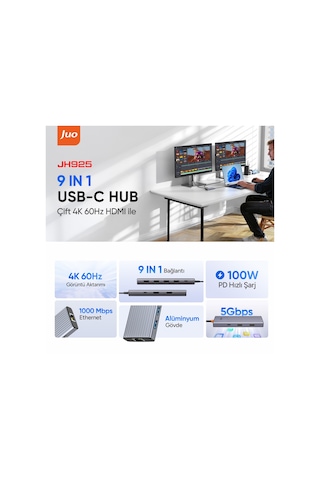 Juo Type-c 9 Portlu Dual 4k 60hz Hdmı Mst Gigabit Ethernet Dönüştürücü 100w Pd 4 Usb 3.2 Çoklayıcı Hub