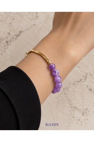 Riody Onde Violette Mor Yuvarlak Boncuklu Gold Renkli Dalgalı Metal Detaylı Zarif Kadın Bileklik Açık Mor