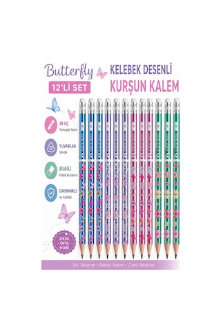 Kelebek Silgili Kurşun Kalem 12 Adet Faber Castell Yuvarlak Gövdeli Siyah Kurşun Kalem Yumuşak Yazım Kolay Tutuş Kalite Çok Renkli