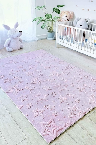 Stary Premium Puffy Peluş Kendinden Desenli Yıldızlı Kaymaz Taban Çocuk Halısı Oyun Halısı,pembe 160 X 200 Diğer