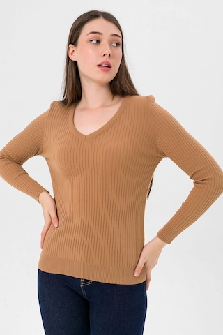 Miss Poem Kadın V Yaka Slim Fit Fitilli Uzun Kışlık Camel Triko Kazak Camel