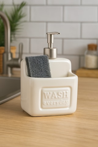 Makri Home Şık Ve Pratik Seramik Süngerlikli Sıvı Sabunluk/deterjanlık, Krem, 500 Ml