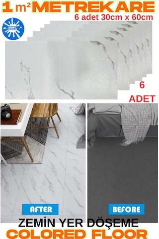 6 Adet 30cm X 60cm Yapışkanlı Colored-605 Floor Pvc Panel Yer Zemin Kaplama Paneli Arkası Kauçuklu