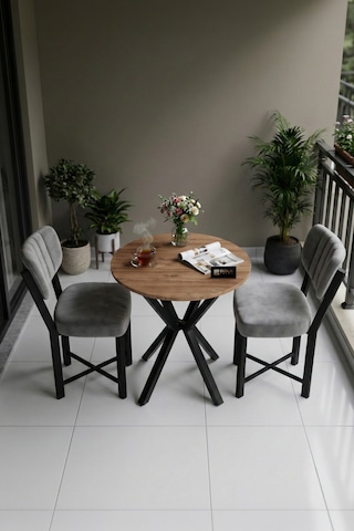 Mutfak Masası 70 Çap Yuvarlak Atlantik Masa 2 Sandalyeli Modern Balkon Cafe Seti Elma Gri