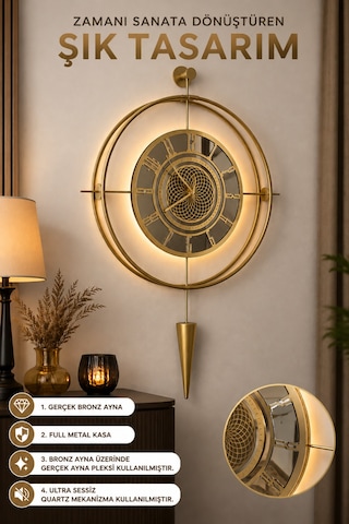 Bronz Aynalı Lavinya Exclusive - Chakra Dizayn - Gerçek Bronz Ayna - Metal Mobilya Duvar Saati Gold
