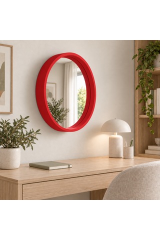 Dekoratif Duvar Aynası Yuvarlak Kırmızı Çerçeveli 50cm Kahverengi Şifonyer Ve Makyaj Masası Üstü