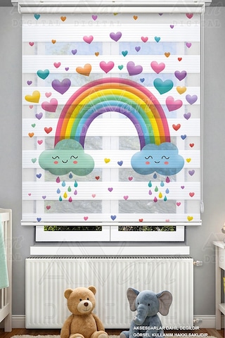 Renkli Gökkuşağı Baskılı Çocuk Odası Perdesi - Rainbow - Dijital Baskılı Zebra Stor Perde Çok Renkli