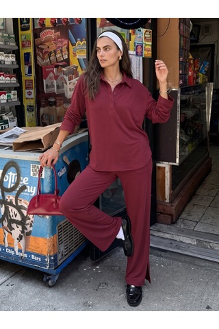 Onloox Kadın Bordo Bordo Modal Kumaş Polo Yaka Rahat Kesim Düğme Detaylı Alt Üst Takım