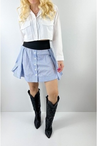 Modaonna Kadın Mavi Beli Lastik Detaylı Çizgili Tasarım Etek Mavi