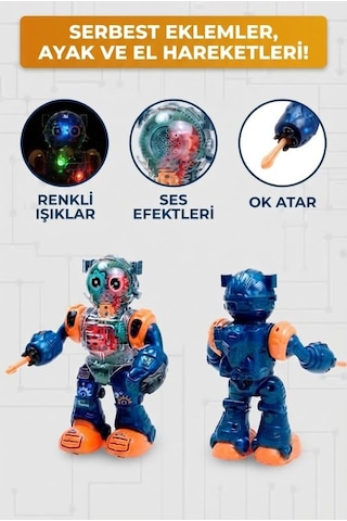 Şeffaf Dişli Mekanizmalı, Işıklı, Sesli, Hareketli Ve Ok Atan Eğitici Robot Oyuncak - 24.5 Cm