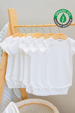 Lilabio %100 Organik Pamuk 7li Beyaz Kısa Kollu Bebek Body Beyaz
