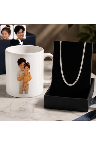 Bk Gift Kişiye Özel Baba&çocuk Karikatürlü Beyaz Kupa & Sık Gurmet Zincir Kolye -3, Babalar Günü Hediyesi Gümüş
