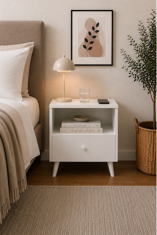 Yatak Odası Komodin Beyaz Çekmeceli Minimalist Basic Ayaklı
