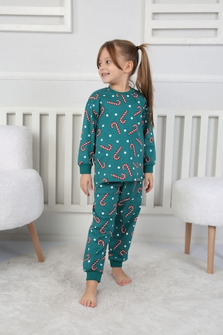 Zuzunga Yılbaşı Temalı Baston Şeker Desenli %100 Pamuk Unisex Pijama Takımı Yeşil1 Yeşil