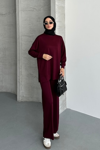 Feela Moda Kadın Modal Penye Oversize Tesettür Tunik Takım 2020 Bordo