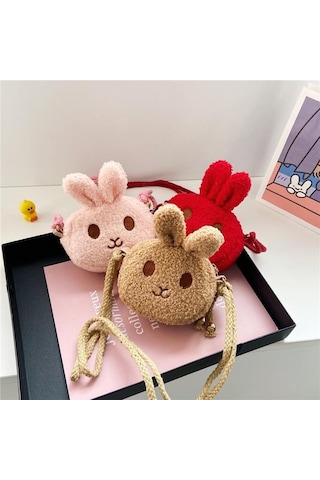 Bej Kawai Küçük Yumuşak Peluş Tavşan Çapraz Vücut Çanta Bebek Kız Bozuk Para Cüzdanı Çanta Çocuk Moda Omuz Çantaları Dışında Para Kartı Kesesi Bej