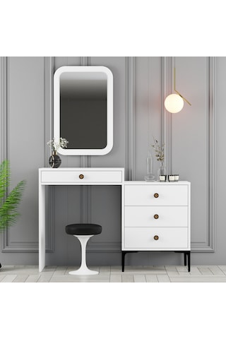 Lizbon Makyaj Masası Aynalı - Beyaz / Beyaz