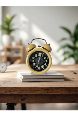 Metal Süper Yüksek Sesli Alarm Saati, Işıklı, Fosforlu, Gece Görünen Kadranlar, Sessiz Saniyeli Sarı