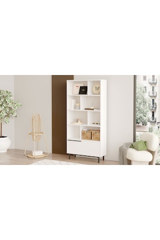 Robin Home Lidya Kitaplık Raf Metal Ayaklı 176cm Kapaklı Beyaz