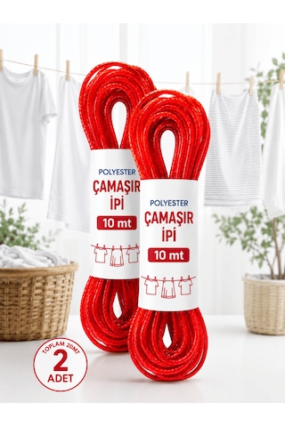 Beylini 2 Adet 10 Mt Polyester Çamaşır İpi Pvc Kaplama Sarkma Yapmaz Balkon Çamaşır Askılığı Çok Amaçlı Kurutma Kırmızı