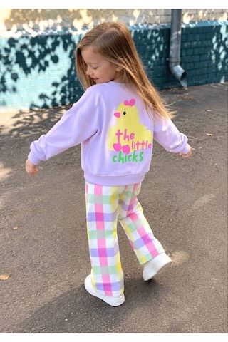 Toikids Kız Çocuk Desenli Sweatshırt Kareli Pantolon 2 Li Takım Çok Renkli