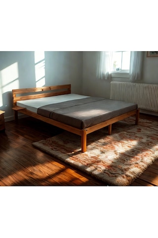 Masif Ahşap Trend Karyola Ceviz Renk + 2 Adet Simple Yatak Kenarı Rafı Hediyeli 80x180