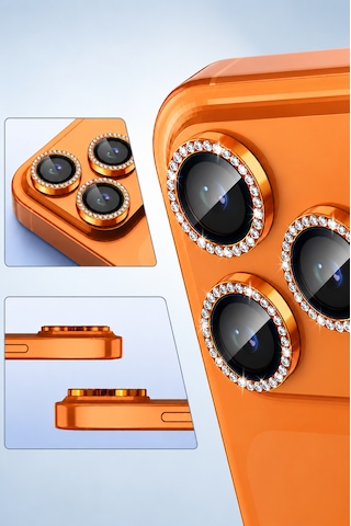 İphone 17 Pro / 17 Pro Max Uyumlu Taşlı Kamera Lens Koruyucu Kozmik Turuncu